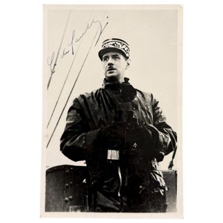 Original WWII photograph of Charles de Gaulle in full military uniform, hand-signed autographed photo for French military history collectors.
