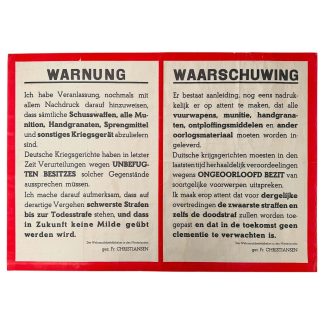 Duits-Nederlandse WOII poster met waarschuwing om wapens en explosieven in te leveren, uitgegeven door generaal Christiansen. Groot bezettingsdrukwerk.