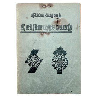 Original Hitler Youth Leistungsbuch from WWII with photo, personal entries, stamps, signatures, and completed performance records; authentic Third Reich Hitlerjugend evaluation booklet with age wear, ideal historical collectible for Hitler Youth document and militaria collectors.