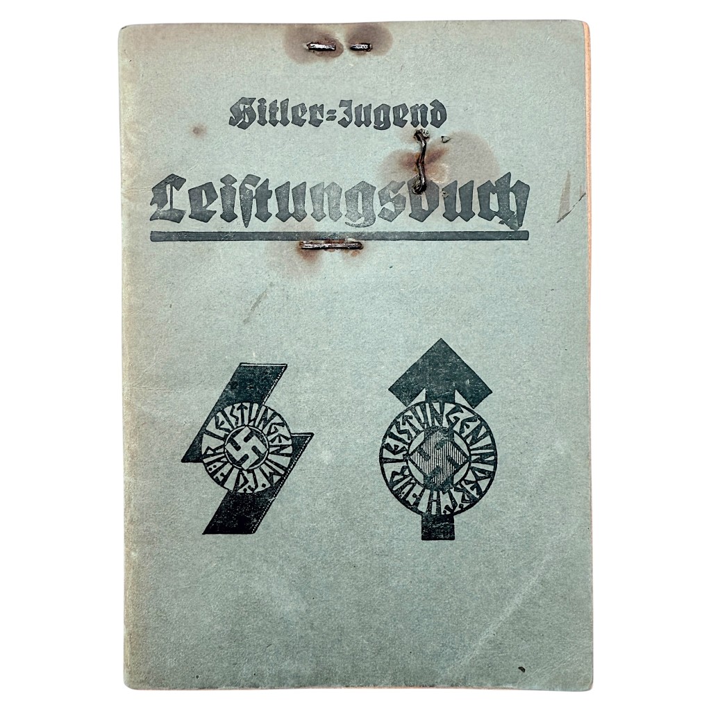 Original Hitler Youth Leistungsbuch from WWII with photo, personal entries, stamps, signatures, and completed performance records; authentic Third Reich Hitlerjugend evaluation booklet with age wear, ideal historical collectible for Hitler Youth document and militaria collectors.