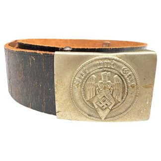 Original WWII German Hitler Youth belt buckle with leather belt – authentic 1930s–1940s HJ militaria collectible featuring the period eagle-and-diamond emblem. Rare World War II German artifact sought after by militaria and history collectors.