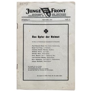 Original WWII German magazine ‘Junge Front – Zeitschrift der deutschen Volksgruppe in Nordschleswig’, June 1944 issue. Front cover with title, Iron Cross symbol, and list of fallen soldiers; historical propaganda publication from North Schleswig for World War II document collectors.