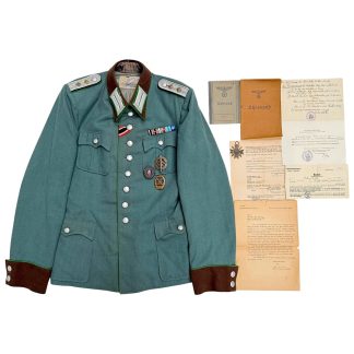 Original WWII German Polizei grouping of Polizeihauptmann Anton Gaibler from Bavaria, featuring his rare Ordnungspolizei officer’s tunic with insignia, medals, ribbon bar, Wehrpass, Ahnenpass, wartime documents, family records, and service papers, a complete and untouched German police officer grouping ideal for WWII militaria and Polizei collectors.