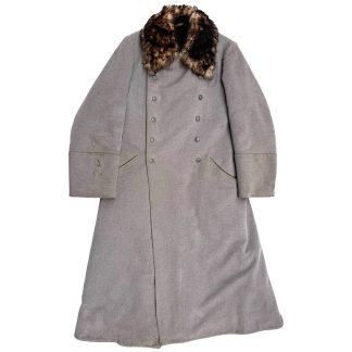 Original WWII German Wehrmacht winter officer’s overcoat with fur collar, authentic World War Two German military uniform collectible, grey wool greatcoat with double-breasted front—rare item sought by Wehrmacht uniform collectors.