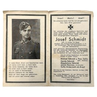 WWII German Stalingrad death card of Unteroffizier Josef Schmidt with uniform portrait and service details.
