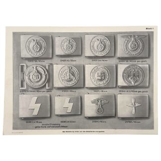 Original WWII German buckle manufacturer’s order sheet by Carl von der Linnepe, Lüdenscheid, featuring detailed illustrations of SA, SS, Hitler Youth, NSKK, NSFK and police uniform buckles; rare reference document for German buckle collectors.