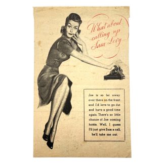 Original WWII German propaganda leaflet ‘What about calling up Sam Levy’, featuring a vintage illustration of a woman using a telephone and demoralization text aimed at American soldiers; rare World War II psychological warfare leaflet with antisemitic undertones, collectible German propaganda ephemera for militaria and WWII history enthusiasts.