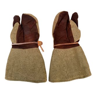 Original WWII Imperial Japanese Army winter gloves made of wool felt with leather reinforcements, rare cold-weather gear for Japanese military collectors.