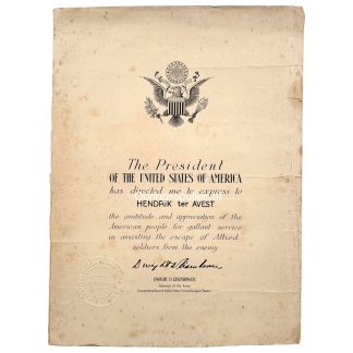 Original WWII US presidential certificate signed by Dwight D. Eisenhower, awarded to Dutch resistance fighter Hendrik ter Avest (Wierden)