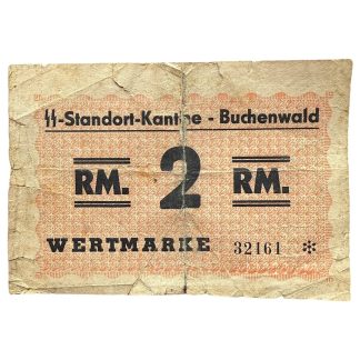 Rare original 2 RM SS-Standort-Kantine Buchenwald Wertmarke, WWII concentration camp voucher number 32161, worn condition with folds and tape repair, authentic camp currency highly sought after by Holocaust and concentration camp collectors.
