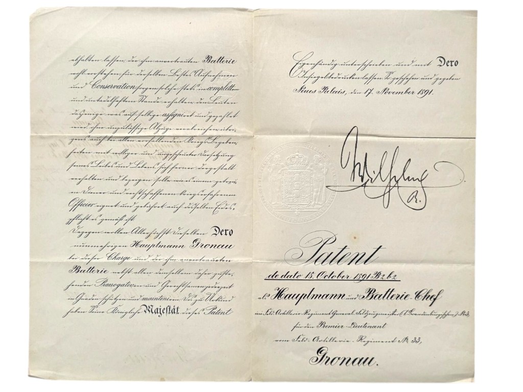 Authentic 1891 Prussian imperial military certificate (Urkunde), personally signed by Kaiser Wilhelm II, officer promotion patent for Hauptmann and artillery battery commander Gronau, Feld-Artillerie-Regiment Nr. 33, original imperial seal, Neues Palais Potsdam, German Empire militaria collectible.