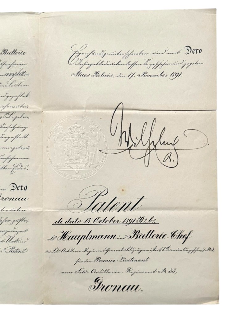 Authentic 1891 Prussian imperial military certificate (Urkunde), personally signed by Kaiser Wilhelm II, officer promotion patent for Hauptmann and artillery battery commander Gronau, Feld-Artillerie-Regiment Nr. 33, original imperial seal, Neues Palais Potsdam, German Empire militaria collectible.