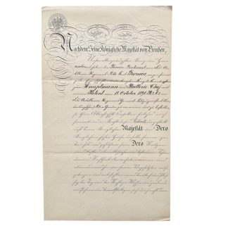 Authentic 1891 Prussian imperial military certificate (Urkunde), personally signed by Kaiser Wilhelm II, officer promotion patent for Hauptmann and artillery battery commander Gronau, Feld-Artillerie-Regiment Nr. 33, original imperial seal, Neues Palais Potsdam, German Empire militaria collectible.