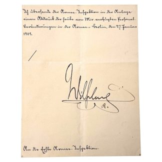 Original handwritten military note signed by Kaiser Wilhelm II (Wilhelm I.R.), dated Berlin 27 January 1902, authentic imperial German document in Kurrent script addressed to the Army Inspection, rare collectible for Kaiser Wilhelm II autograph and German Empire history collectors.