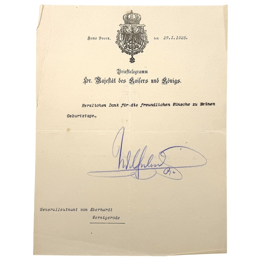 Originele handgesigneerde brief van Kaiser Wilhelm II uit Huis Doorn 1928, zeldzaam keizerlijk verzamelstuk
