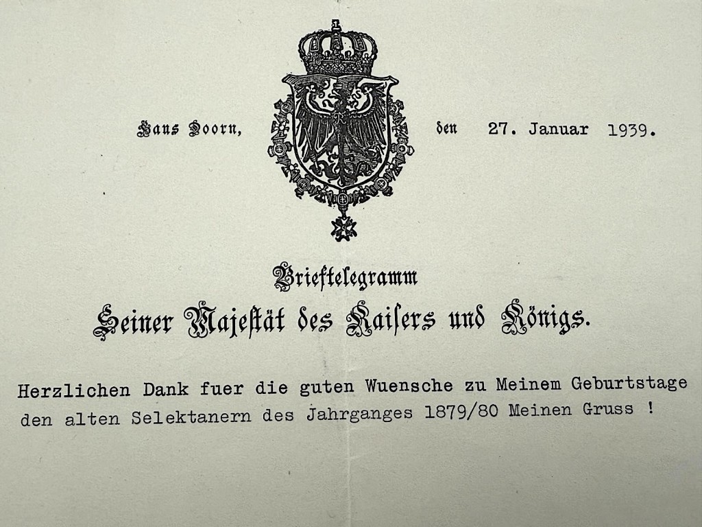 Original 1939 Kaiser Wilhelm II hand signed letter – Huis Doorn