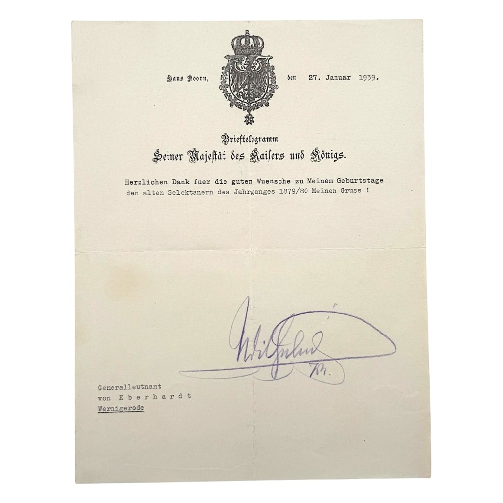 Original 1939 Kaiser Wilhelm II hand signed letter – Huis Doorn