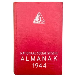 Original NSB National Socialist Almanac 1944 third year edition, red linen binding, World War II Dutch collaboration collectible.