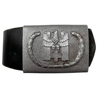 Original WWII German DRK belt buckle, Deutsches Rotes Kreuz aluminium buckle with eagle and cross, black leather belt, authentic World War II DRK uniform equipment for collectors.