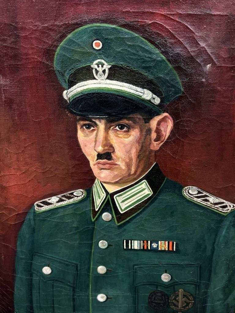 Original WWII German oil painting of Ordnungspolizei Obermeister Anton Gaibler in uniform, rare ORPO art collectible.