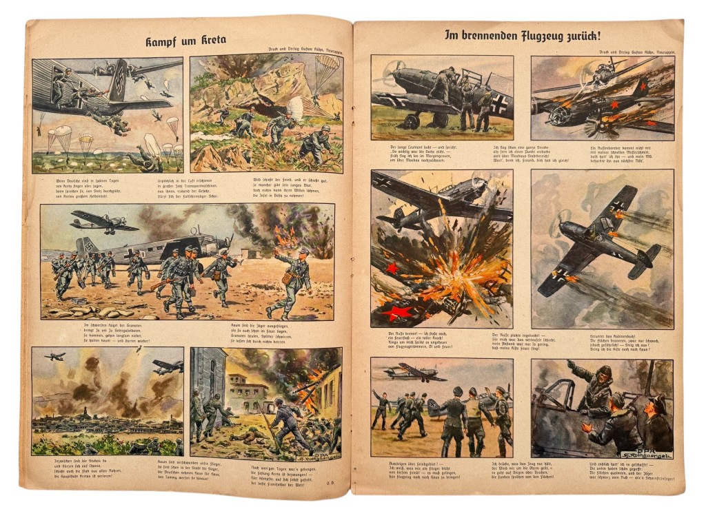 This German World War II propaganda book, “Bilderbogen vom Kriege,” is a richly illustrated publication featuring full-page color plates depicting various frontline scenes and military events from the wartime period.
