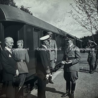 Original WWII German photo positive of Miklós Horthy meeting Adolf Hitler at the Wolfsschanze railway station, rare unpublished Third Reich diplomatic encounter photograph for WWII photo collectors.