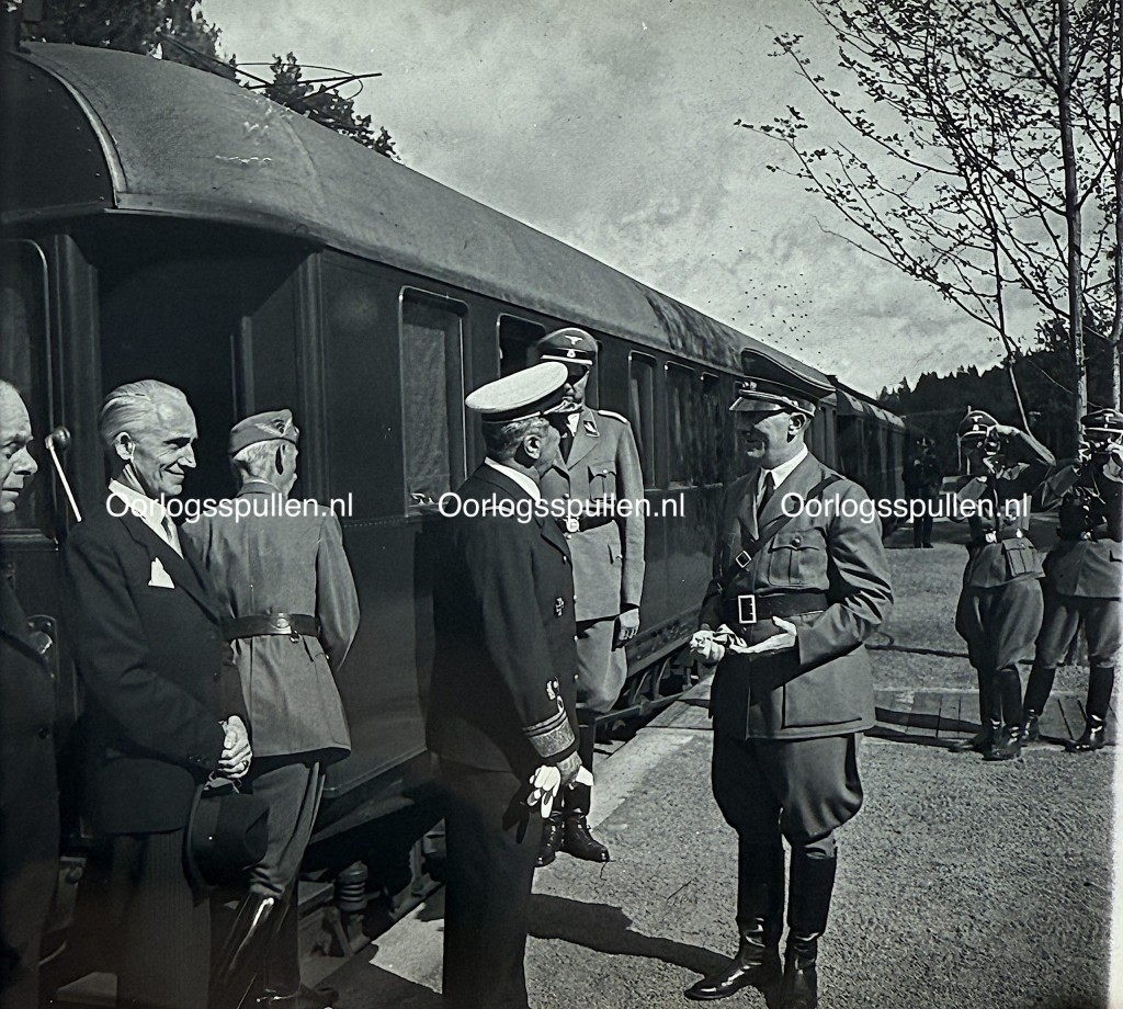 Original WWII German photo positive of Miklós Horthy meeting Adolf Hitler at the Wolfsschanze railway station, rare unpublished Third Reich diplomatic encounter photograph for WWII photo collectors.