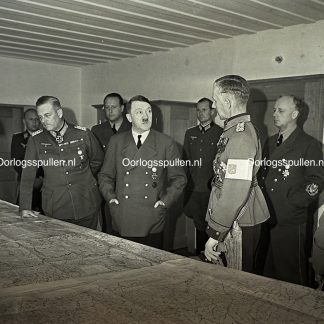 Original WWII German photo positive of Adolf Hitler with Wilhelm Keitel and Joachim von Ribbentrop at the Wolfsschanze headquarters, rare unpublished Third Reich command bunker photograph for collectors.