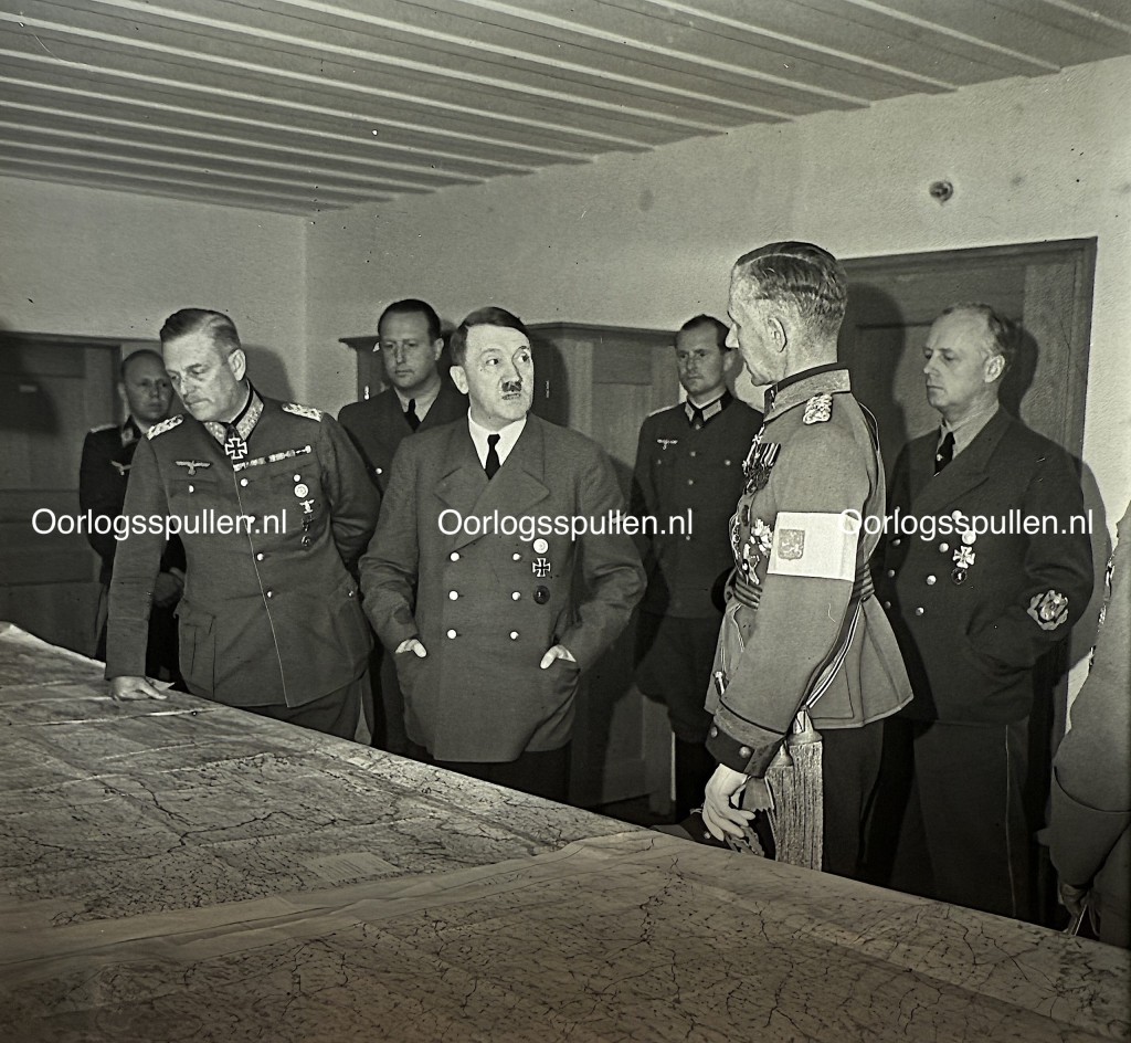 Original WWII German photo positive of Adolf Hitler with Wilhelm Keitel and Joachim von Ribbentrop at the Wolfsschanze headquarters, rare unpublished Third Reich command bunker photograph for collectors.