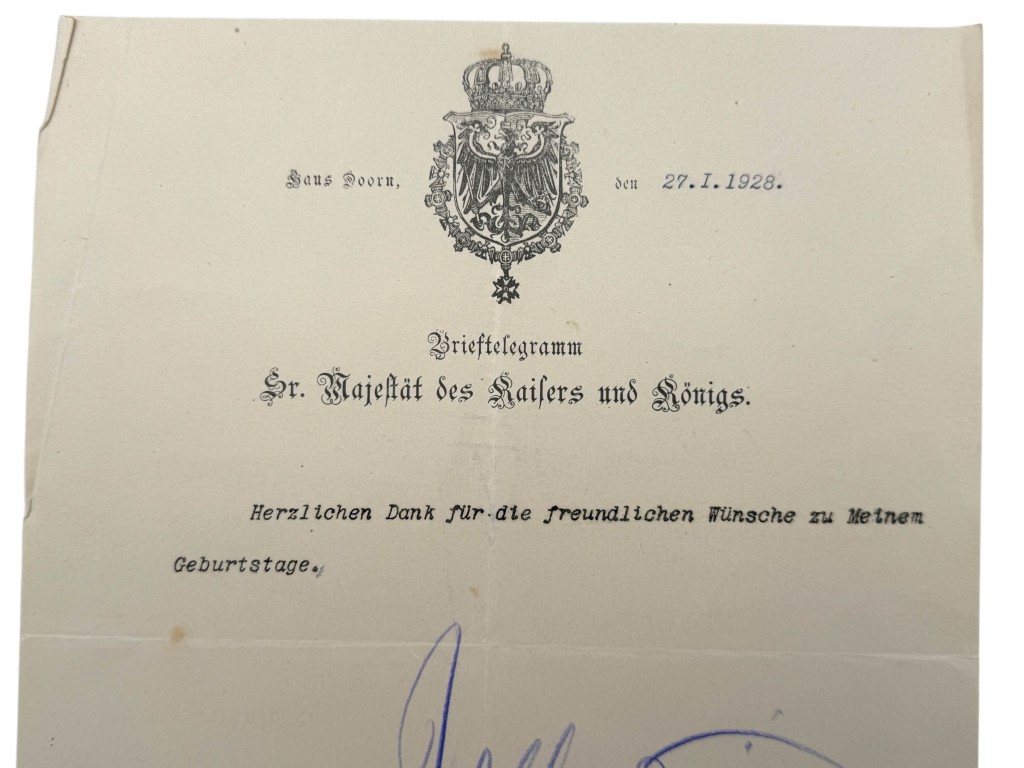 Originele handgesigneerde brief van Kaiser Wilhelm II uit Huis Doorn 1928, zeldzaam keizerlijk verzamelstuk
