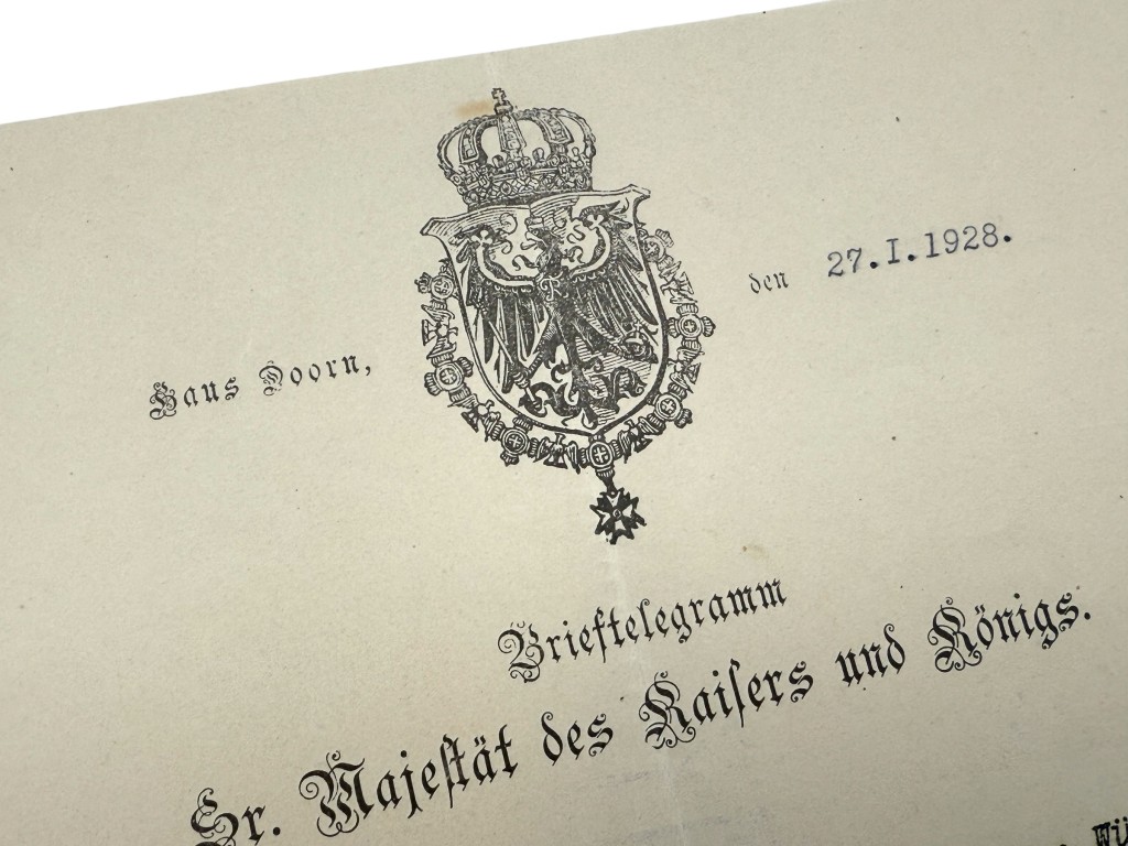 Originele handgesigneerde brief van Kaiser Wilhelm II uit Huis Doorn 1928, zeldzaam keizerlijk verzamelstuk
