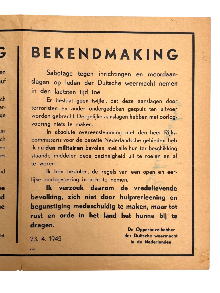 Original WWII Dutch announcement poster