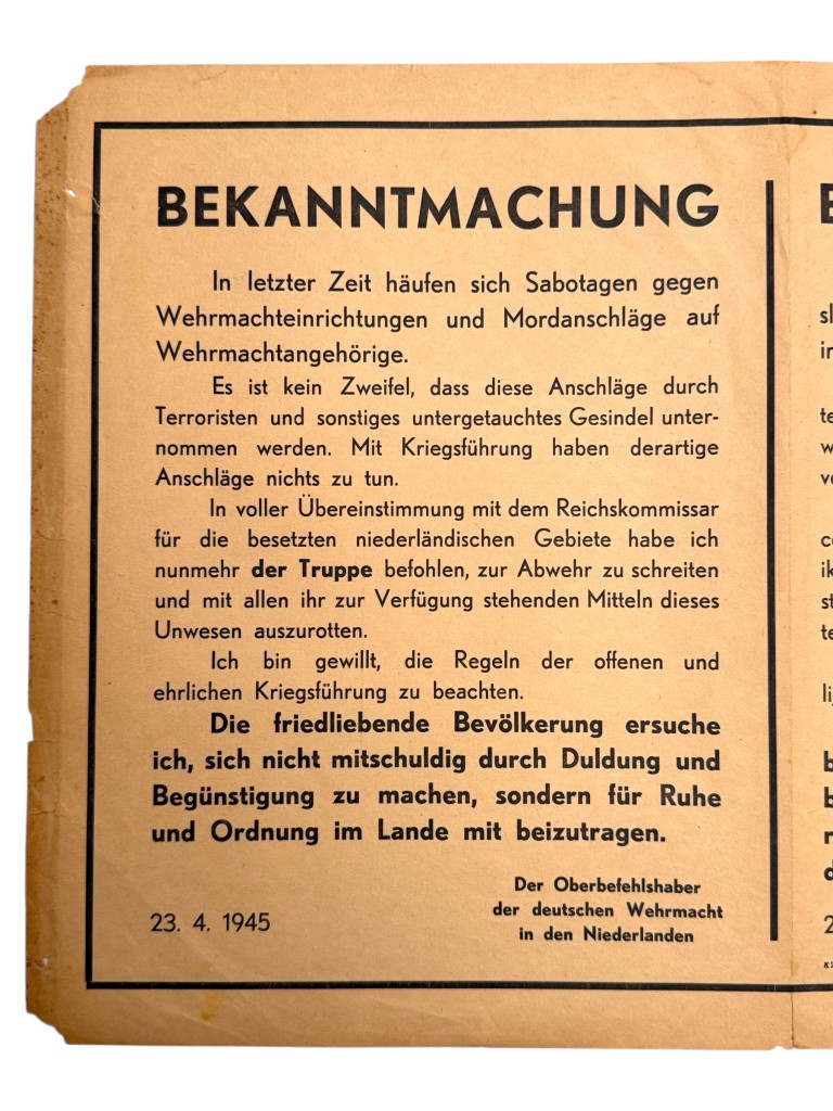 Original WWII Dutch announcement poster