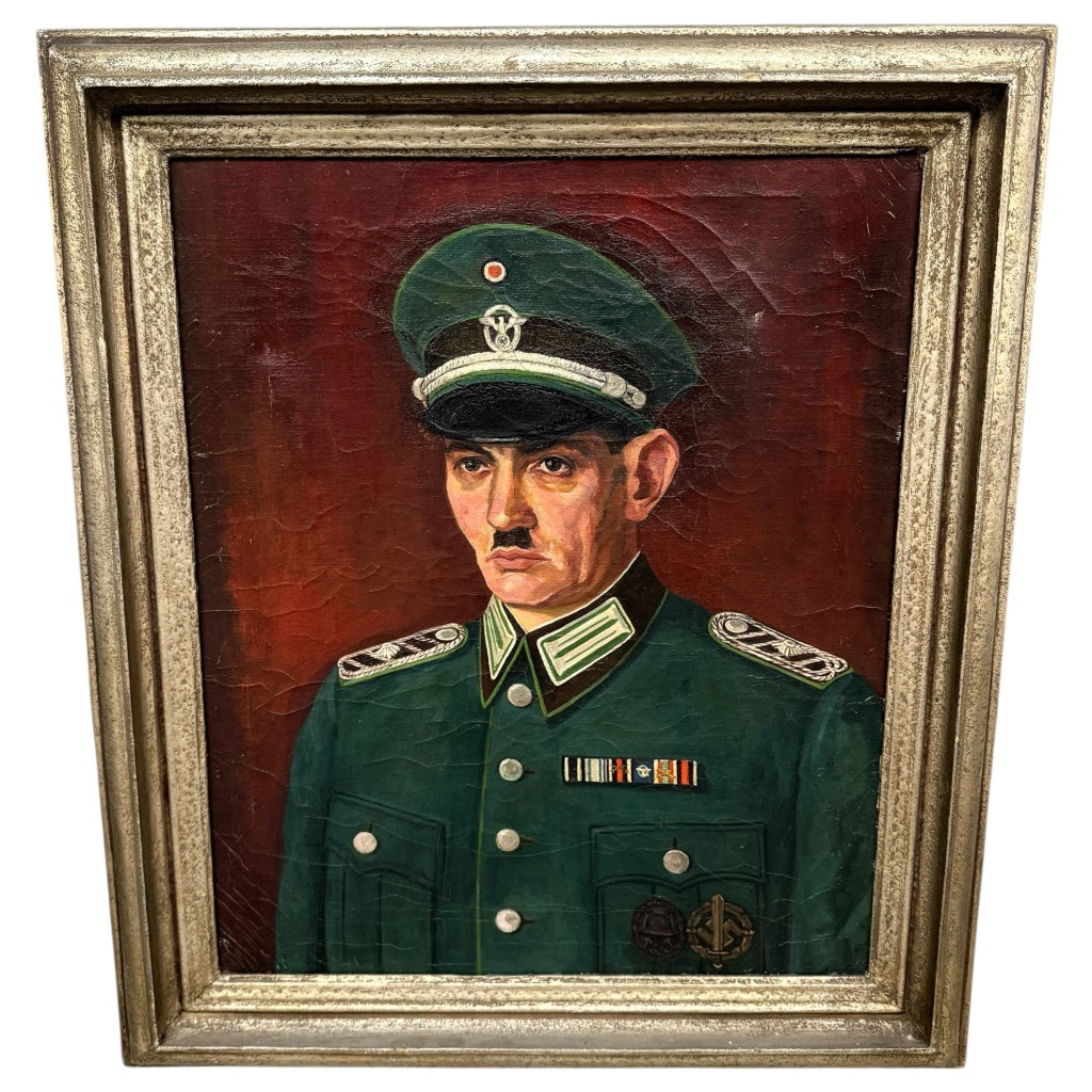 Original WWII German oil painting of Ordnungspolizei Obermeister Anton Gaibler in uniform, rare ORPO art collectible.