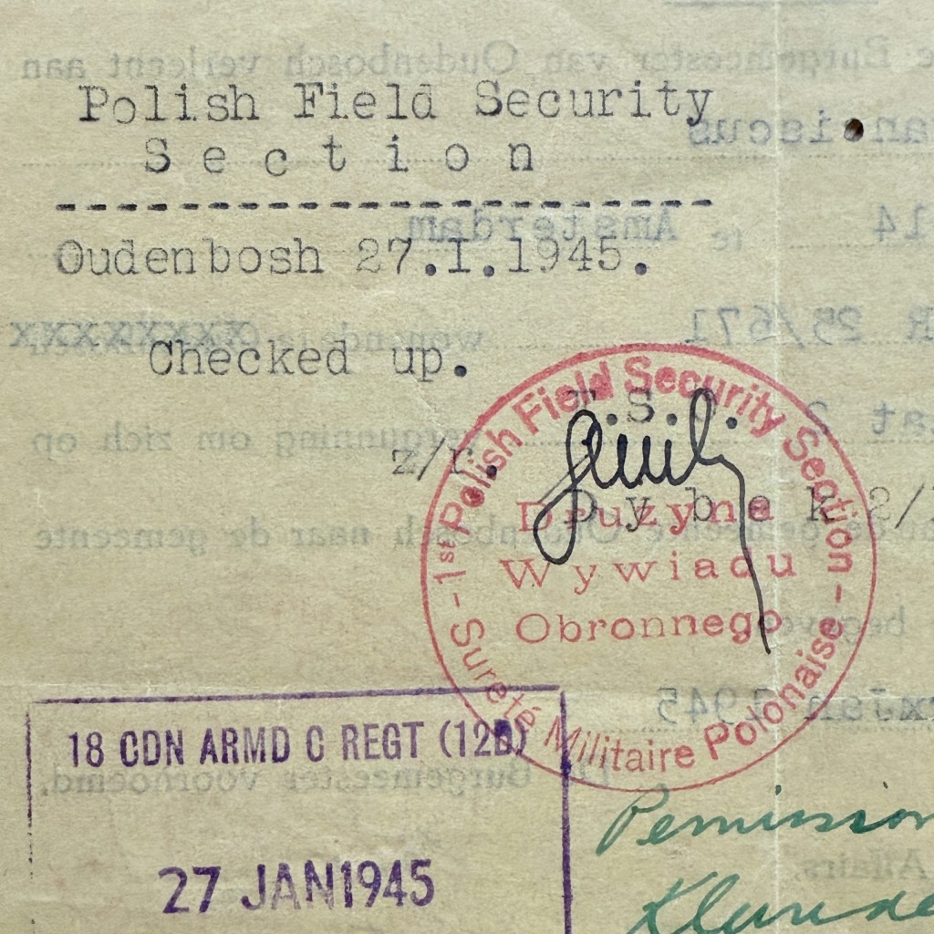 Original WWII Dutch document Oudenbosch (1st Polish Field Security section) Roosendaal - Klundert - Nieuw-Vossemeer