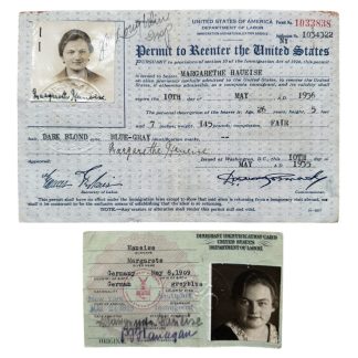 Original 1930s American immigration documents set for collectors, including Immigrant Identification Card and Permit to Reenter the United States issued to German migrant Margarethe Haueise, with vintage photos, official stamps and signatures, pre-World War II historical ephemera.