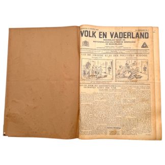 Rare bound NSB newspaper Volk en Vaderland 1934, original Dutch National Socialist Movement propaganda weekly, collectible pre-WWII political newspaper, marbled binding with leather spine.