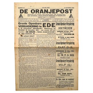 Originele NSB krant De Oranjepost nummer 42 (16 november 1934) – regionaal weekblad voor Gelderland en Overijssel onder leiding van Ir. A.A. Mussert, met aankondigingen van NSB-vergaderingen in Ede, Doetinchem, Elst, Velp, Arnhem, Zutphen en Enschede, inclusief advertenties en propaganda-uitingen – zeldzaam vooroorlogs verzamelobject voor NSB- en WO2-verzamelaars.