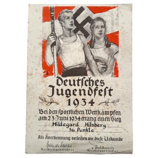 Original Hitler Youth certificate from Deutsches Jugendfest 1934 awarded to Hildegard Hilsberg, Nazi Germany propaganda document with swastika flag, Third Reich Hitlerjugend collectible sports award.