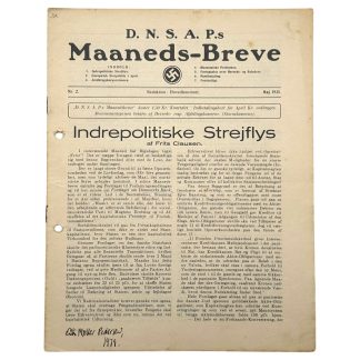 Original 1935 DNSAP “D.N.S.A.P.s Maaneds-Breve” No. 2 (May 1935) featuring Frits Clausen article “Indrepolitiske Strejflys,” Danish National Socialist Party monthly with swastika emblem, party organization lists, regional leaders across Denmark (Aarhus, Aalborg, København, Randers, Næstved, Slagelse, Fredericia), rare interwar Danish NSDAP-related political propaganda print for DNSAP and WWII collectors.