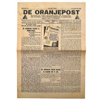 Original NSB newspaper De Oranjepost, issue 32, 6 August 1936, regional weekly for Gelderland and Overijssel, published in Arnhem under Ir. A.A. Mussert, featuring political articles, NSB propaganda content, local advertisements, and references to Arnhem, Zutphen, Winterswijk and other Dutch locations – rare pre-WWII Dutch NSB collectible.