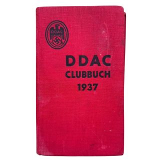 Original 1937 DDAC Clubbuch yearbook in red linen binding with black emblem, published by Der Deutsche Automobil-Club (DDAC), featuring over 200 illustrated pages with maps, touring routes, automobilia content and historic 1930s German automotive photography – rare interwar motoring collectible for serious collectors.