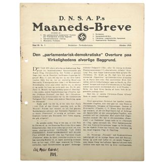 D.N.S.A.P.s Maaneds-Breve oktober 1938 Bind III nr. 7 original DNSAP publikation med hagekors, Frits Clausen, Bovrup kursus, økonomiske artikler af C. Fischer, Christiansborg, Landmandsbanken, Nationalbanken, Toftlund tryk – sjældent dansk nationalsocialistisk samlerobjekt fra 2. verdenskrig periode.