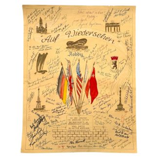 Original Cold War farewell certificate from the Berlin Wall, American soldier “Robby,” illustrated Berlin landmarks and Allied flags, “You are leaving the American Sector” text, English and German inscriptions, signed military memorabilia for Berlin Wall collectors.