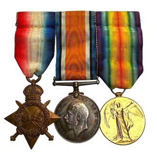 Original First World War British medal trio to Sgt J.H. Corfield, South Wales Borderers – 1914–15 Star, British War Medal and Victory Medal, named and engraved, complete with ribbons, WW1 military medals for collectors, British Army Great War memorabilia.