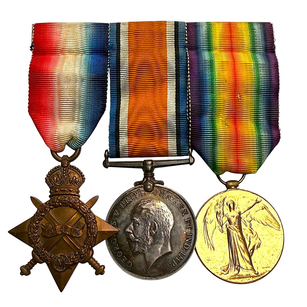 Original First World War British medal trio to Sgt J.H. Corfield, South Wales Borderers – 1914–15 Star, British War Medal and Victory Medal, named and engraved, complete with ribbons, WW1 military medals for collectors, British Army Great War memorabilia.