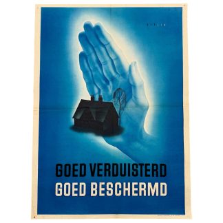 Originele Nederlandsche Luchtbeschermingsdienst poster uit WOII met slogan “Goed verduisterd, goed beschermd”, Nederlandse oorlogsposter 1940-1945, zeldzaam groot formaat 110 x 80 cm, verzamelobject voor liefhebbers van Tweede Wereldoorlog memorabilia en historische affiches.