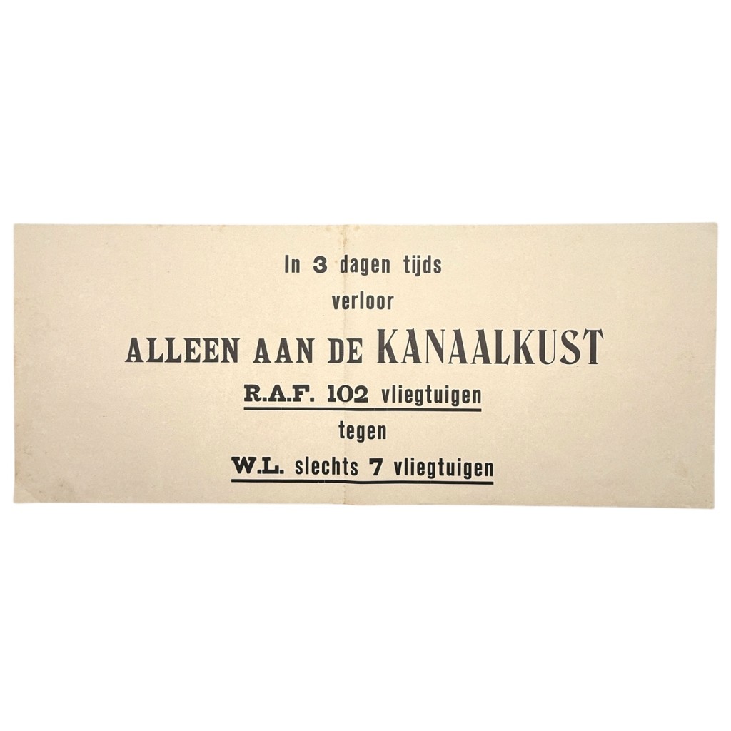 Originele Nederlandse NSB propaganda poster Tweede Wereldoorlog, tekst over RAF verliezen aan de Kanaalkust, zeldzaam WOII verzamelobject, formaat 100 x 40 cm, historische collaboratie propaganda, authentieke oorlogsposter Nederland