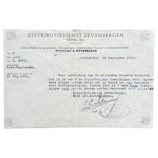 Origineel Tweede Wereldoorlog distributiedocument van de Distributiedienst Zevenbergen (Kring 503), opgesteld in Oudenbosch op 22 september 1942. Historisch WOII-document over rantsoenering, taptemelk en voedselvoorziening in Zevenbergen, Oudenbosch, Hoeven en Standdaarbuiten tijdens de Duitse bezetting van Nederland.