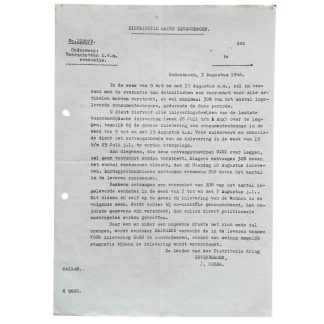 Originele distributiecircularie uit de Tweede Wereldoorlog, uitgegeven door de Distributiekring Zevenbergen en opgesteld in Oudenbosch op 7 augustus 1942. Historisch WOII-document over rantsoenering, evacuatie en voedselvoorziening voor bakkers, slagers en handelaren in Oudenbosch en Zevenbergen tijdens de Duitse bezetting van Nederland.